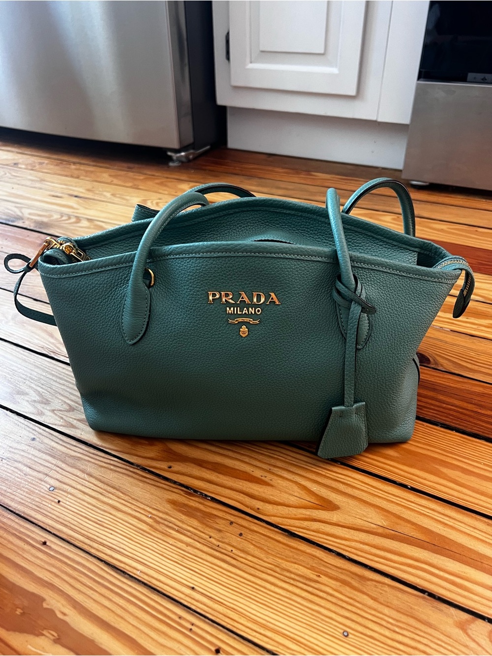 Prada Green Pebbled Leather Satchel with Gold Logo